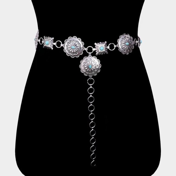 Turquoise Natural Stone Antique Metal Squash Blossom Boho Westen Style L… - Picture 2 of 2